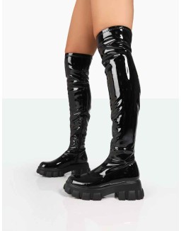 Junya Black Patent Over The Knee Chunky Sole Boots