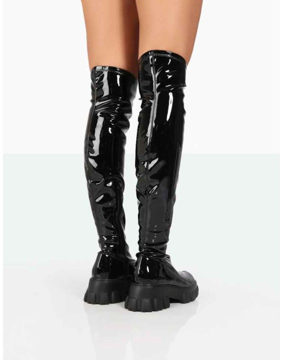 Junya Black Patent Over The Knee Chunky Sole Boots