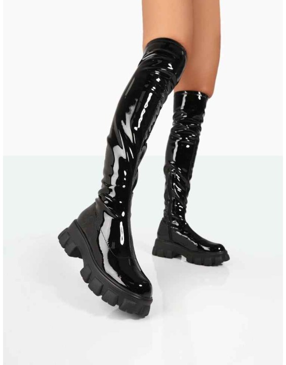 Junya Black Patent Over The Knee Chunky Sole Boots