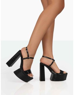 Jesse Black Croc Platform Block High Heels