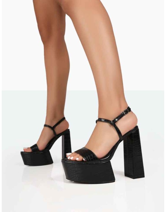 Jesse Black Croc Platform Block High Heels