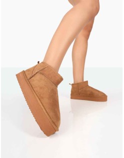Shorty Tan Faux Suede Ultra Mini Chunky Ankle Boots