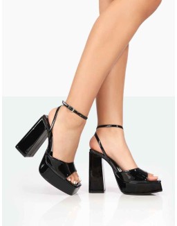 Lyle Black Patent Square Toe Block Platform High Heels