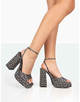 Lyle Black Geometric Satin Square Toe Block Platform High Heels