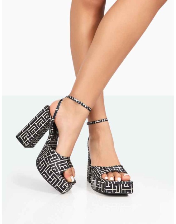 Lyle Black Geometric Satin Square Toe Block Platform High Heels