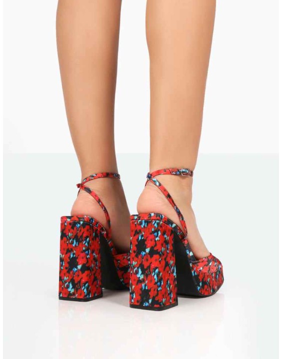 Lyle Red Floral Satin Square Toe Block Platform High Heels