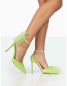 Bell Lime Satin Statement Bow Court Pointed Toe Stiletto Heels
