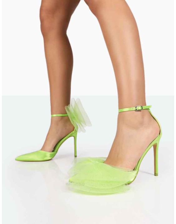 Bell Lime Satin Statement Bow Court Pointed Toe Stiletto Heels