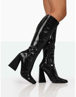 Senna Black Patent Croc Knee High Block Heel Boots