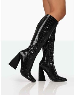 Senna Black Patent Croc Knee High Block Heel Boots
