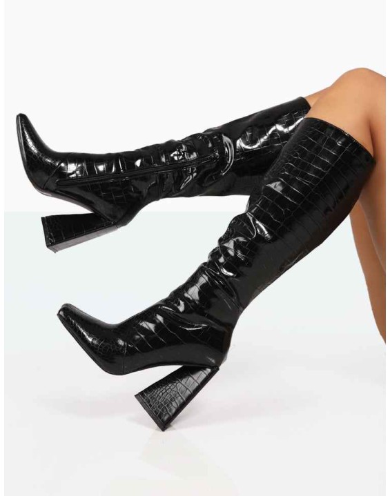 Senna Black Patent Croc Knee High Block Heel Boots