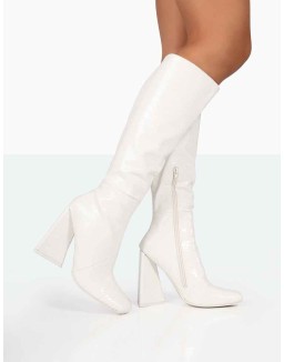 Senna White Croc Pu Knee High Block Heel Boots