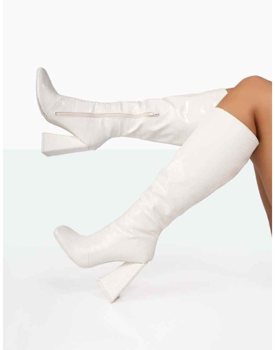 Senna White Croc Pu Knee High Block Heel Boots
