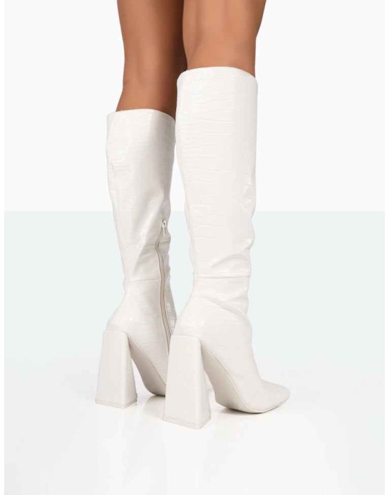 Senna White Croc Pu Knee High Block Heel Boots