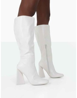 Senna Wide Fit Ecru PU Knee High Heeled Boots