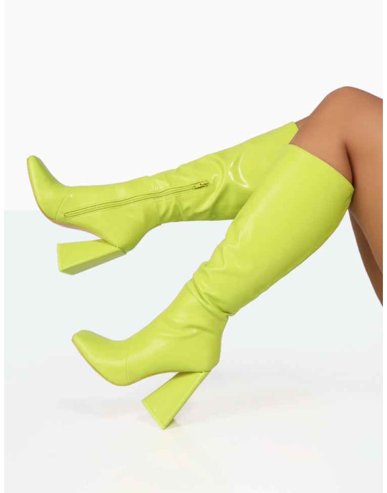 Senna Lime Pu Knee High Block Heel Boots