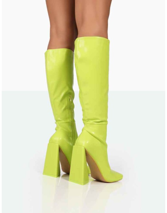 Senna Lime Pu Knee High Block Heel Boots