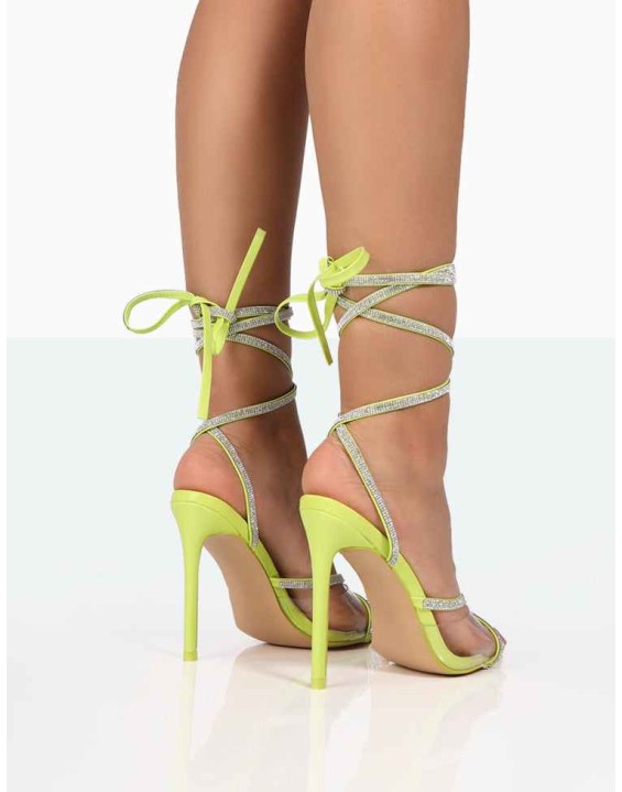 Scout Lime Grain PU Clear Sparkly Perspex Pointed Toe Diamante Strappy Wrap Around Heels