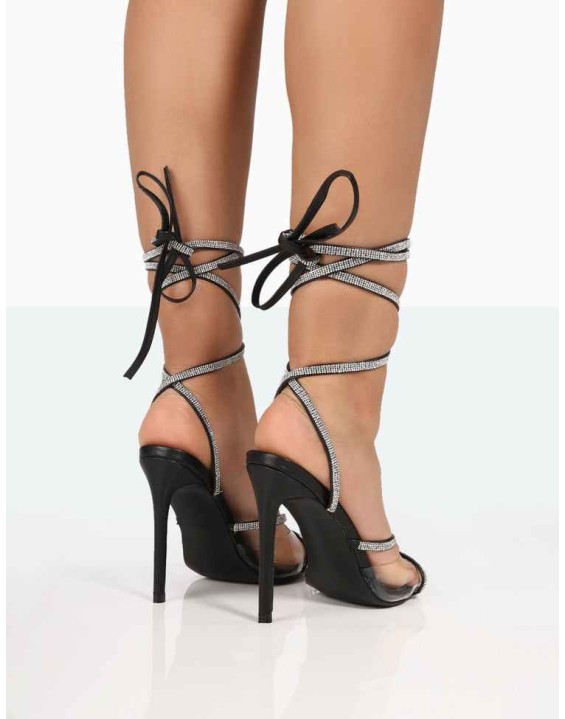 Scout Black Grain PU Clear Sparkly Perspex Pointed Toe Diamante Strappy Wrap Around Heels