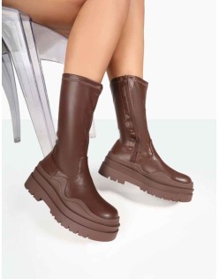 Cam Chocolate PU Chunky Sole Round Toe Ankle Boots