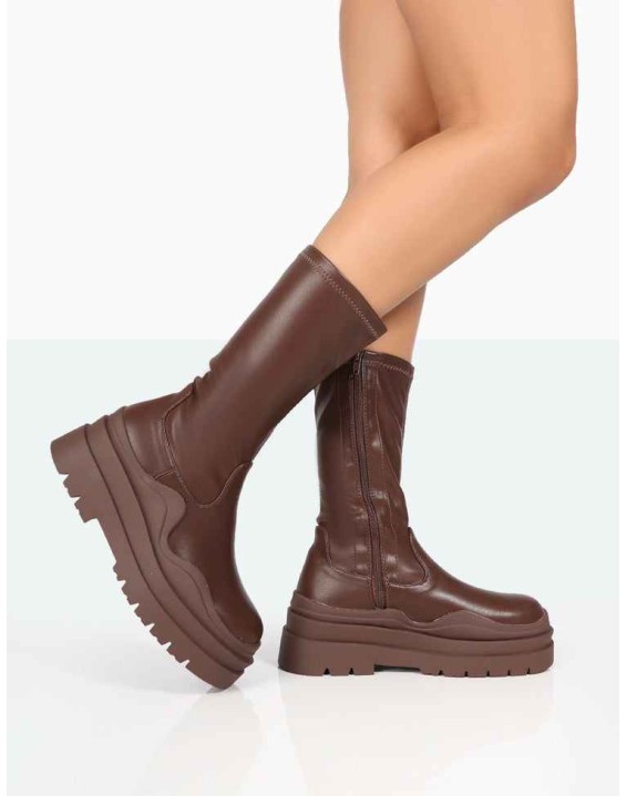Cam Chocolate PU Chunky Sole Round Toe Ankle Boots
