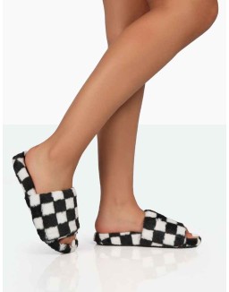 Happy Black And White Checkerboard Fluffy Faux Fur Slider Slippers