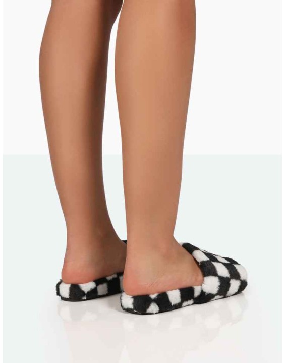 Happy Black And White Checkerboard Fluffy Faux Fur Slider Slippers