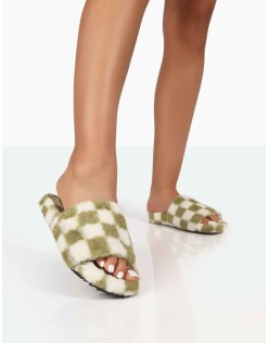 Happy Green And White Checkerboard Fluffy Faux Fur Slider Slippers