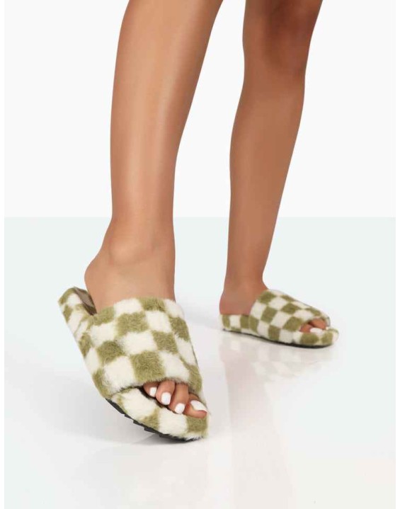 Happy Green And White Checkerboard Fluffy Faux Fur Slider Slippers