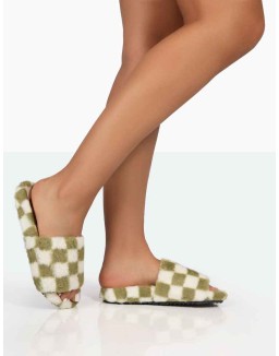 Happy Green And White Checkerboard Fluffy Faux Fur Slider Slippers