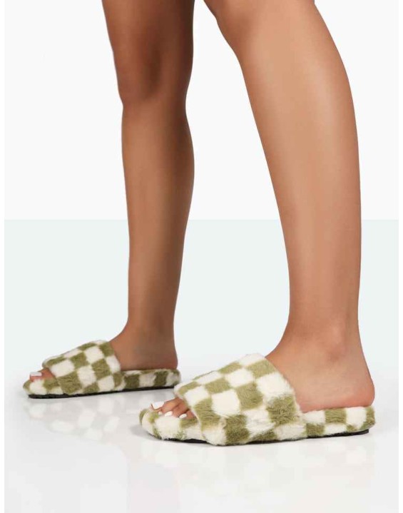 Happy Green And White Checkerboard Fluffy Faux Fur Slider Slippers