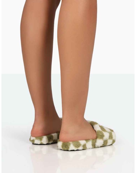 Happy Green And White Checkerboard Fluffy Faux Fur Slider Slippers
