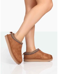 Tamsin Tan Faux Suede Embroidered Slipper Boots