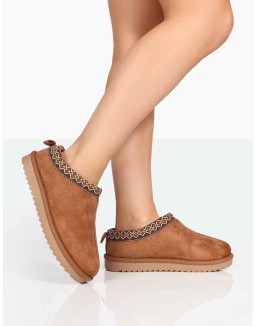 Tamsin Tan Faux Suede Embroidered Slipper Boots
