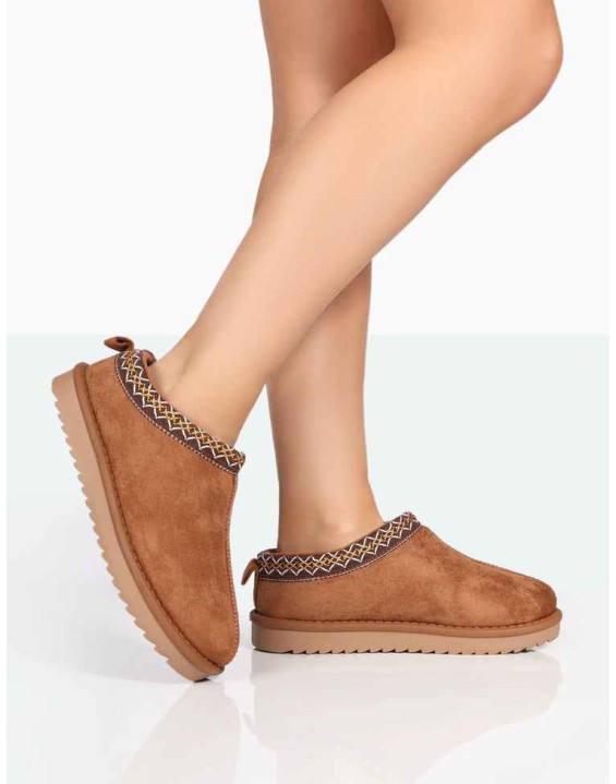 Tamsin Tan Faux Suede Embroidered Slipper Boots