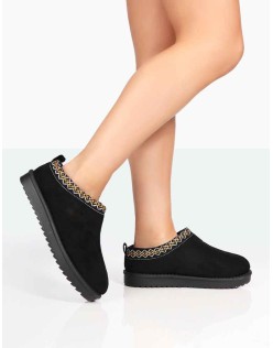 Tamsin Black Faux Suede Embroidered Slipper Boots
