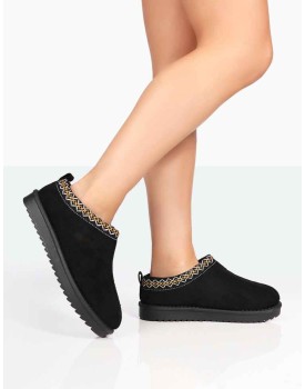 Tamsin Black Faux Suede Embroidered Slipper Boots