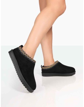 Tamsin Black Faux Suede Embroidered Slipper Boots