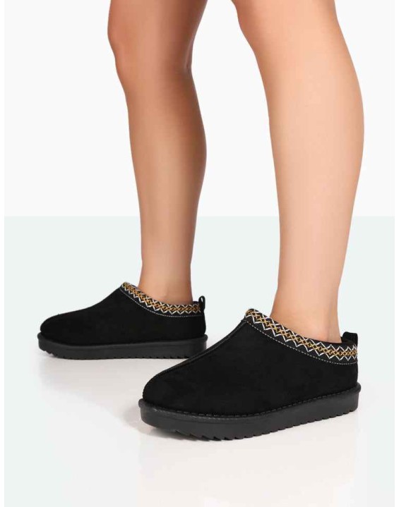 Tamsin Black Faux Suede Embroidered Slipper Boots