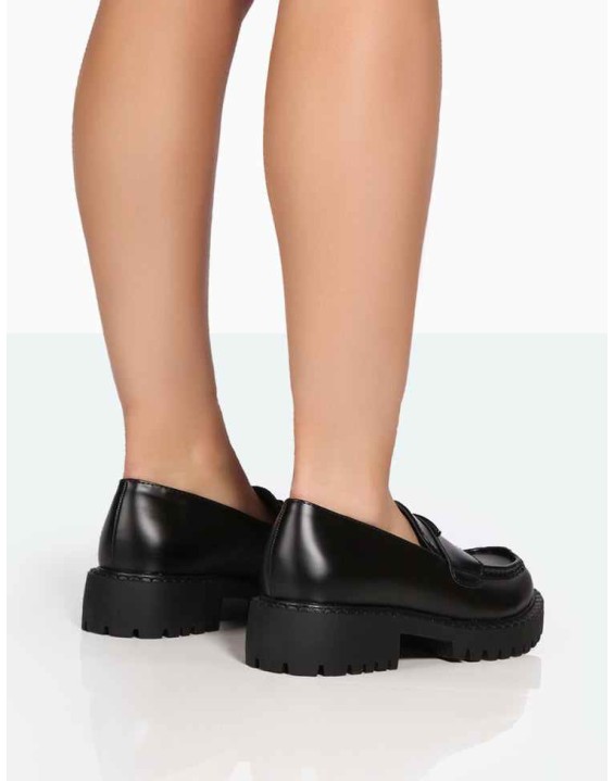 Ziggy Black PU Triangle Badge Chunky Sole Loafers
