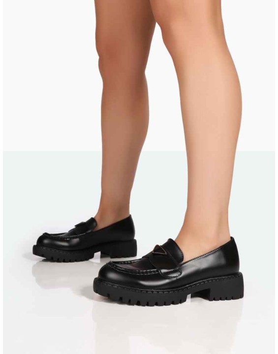 Ziggy Black PU Triangle Badge Chunky Sole Loafers