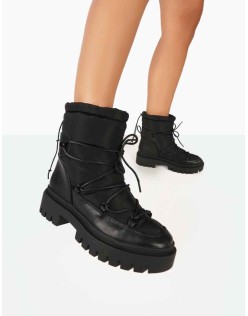 Snowy Black Lace Up Chunky Sole Snow Ankle Boots