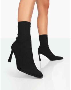 Farah Black Knitted Sock Stiletto Ankle Pointed Heeled Boots