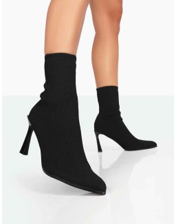 Farah Black Knitted Sock Stiletto Ankle Pointed Heeled Boots