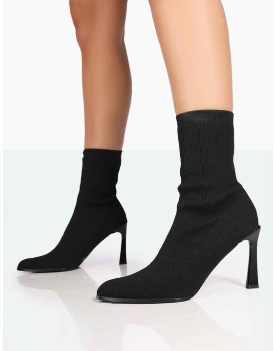 Farah Black Knitted Sock Stiletto Ankle Pointed Heeled Boots
