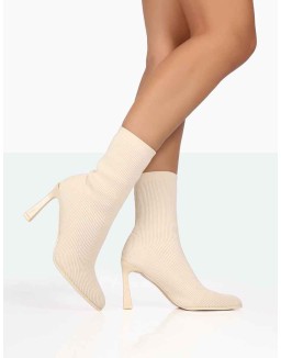 Farah Ecru Knitted Sock Stilleto Ankle Pointed Heeled Boots