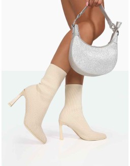 Farah Ecru Knitted Sock Stilleto Ankle Pointed Heeled Boots