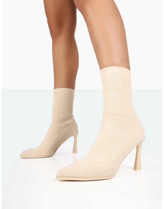 Farah Ecru Knitted Sock Stilleto Ankle Pointed Heeled Boots