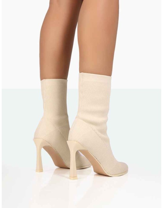Farah Ecru Knitted Sock Stilleto Ankle Pointed Heeled Boots