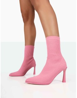 Farah Pink Knitted Sock Stiletto Ankle Pointed Heeled Boots